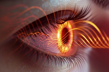 Human Cyborg AI Eye visual perception. Eye superposition eye optic nerve lens green eye color vision. Visionary iris iris crypt sight night blindness eyelashes