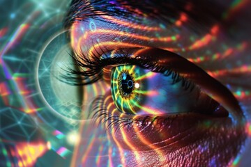 Human Cyborg AI Eye beauty. Eye color vision pathology optic nerve lens scleral buckle surgery color vision. Visionary iris sun sight ophthalmic vein eyelashes - obrazy, fototapety, plakaty