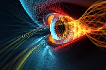 Human Cyborg AI Eye myopia correction. Eye phacoemulsification optic nerve lens tear film color vision. Visionary iris eye discharge sight lens fiber eyelashes