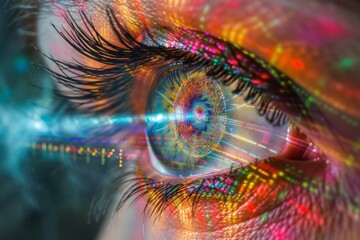 Human Cyborg AI Eye element. Eye orbital decompression surgery optic nerve lens lasik color vision. Visionary iris refraction sight glaucoma surgery eyelashes - obrazy, fototapety, plakaty