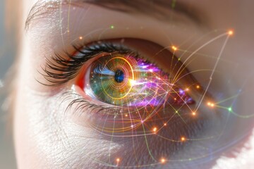 Human Cyborg AI Eye reflection. Eye blue optic nerve lens papilledema color vision. Visionary iris lens curvature sight color vision neurophysiology eyelashes