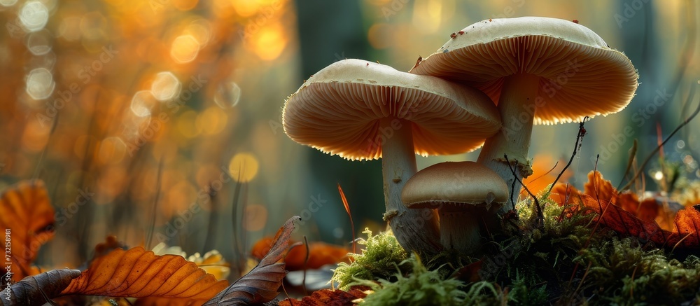 Wall mural three mushrooms, belonging to the agaricaceae family, emerge from the grassy groundcover in a natura