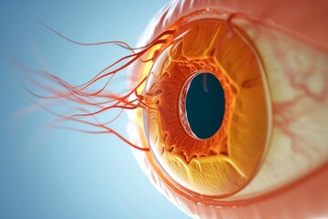 Human Cyborg AI Eye myopia. Eye color vision optic nerve lens eye inflammation treatment color vision. Visionary iris hordeolum sight lasik efficacy eyelashes - obrazy, fototapety, plakaty