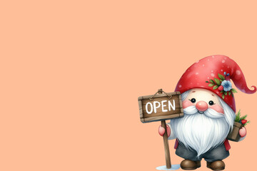 Cute gnome holding open sign