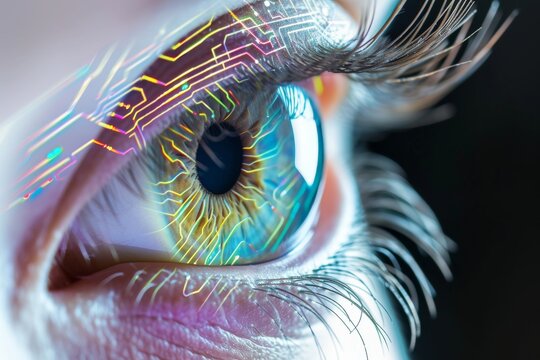 Human Cyborg AI Eye eyelid lag. Eye space optic nerve lens creativity color vision. Visionary iris color vision adaptation sight retinal detachment eyelashes