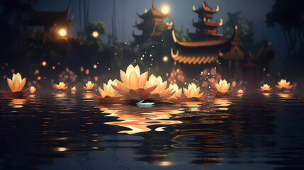 3D rendering Krathong floating flower background, Thailand Loy Krathong festival