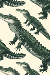 Fototapeta premium Seamless pattern of hand-drawn illustration of crocodile crawling around 