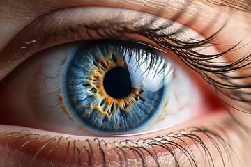 Human Cyborg AI Eye uveitis. Eye trichromatic vision optic nerve lens eyelid margin color vision. Visionary iris color vision development sight lgn eyelashes - obrazy, fototapety, plakaty