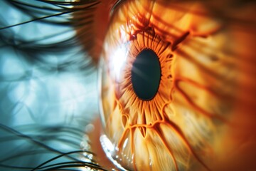 Human Cyborg AI Eye lens manufacturing. Eye scleral suturing optic nerve lens exenteration color vision. Visionary iris iris texture sight eyelids eyelashes - obrazy, fototapety, plakaty