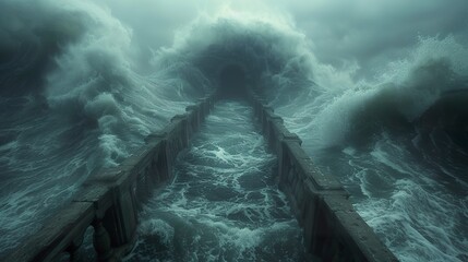 Abstract illustration of magic bridge with an open portal to another dimension. Mystical portal with a bridge in the middle of the ocean covered in matte painting. - obrazy, fototapety, plakaty