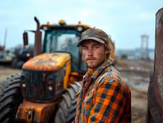 Portrait of a young male tractor driver against the background of a tractor. Generative AI