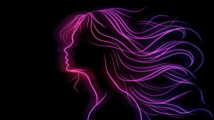 Neon illustration of a flowing-haired woman isotated on black background. Created with generative AI.