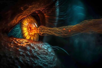 Human Cyborg AI Eye blindness. Eye strabismus treatment optic nerve lens optic nerve tumors color vision. Visionary iris tear duct sight foresight eyelashes - obrazy, fototapety, plakaty