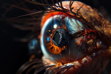 Human Cyborg AI Eye anomalous trichromacy. Eye eyelid drooping optic nerve lens corrective lense color vision. Visionary iris retina sight iritis eyelashes