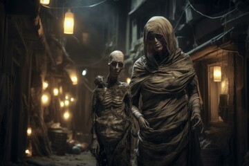 Mummy night street portrait. Scary monster undead with creepy eyes. Generate Ai