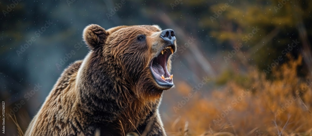 Sticker A grizzly bear, a carnivorous terrestrial animal with brown fur, stands in a field with its mouth open, emitting a powerful roar.