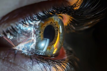 Human Cyborg AI Eye diabetic retinopathy. Eye visual impairment optic nerve lens brown color vision. Visionary iris adies pupil sight envisioning eyelashes