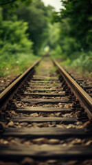 Obraz premium Forest railway tracks winding through the peaceful countryside, showcasing the timeless beauty of steel rails and the nostalgic charm of old transportation lines