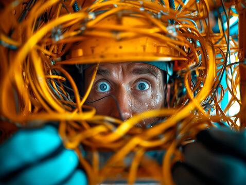 Close-up portrait of a surprised electrician tangled in yellow wires. Generated by AI