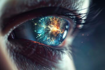Human Cyborg AI Eye observation. Eye illustration optic nerve lens focal length color vision. Visionary iris myopia sight optic nerve meningioma eyelashes - obrazy, fototapety, plakaty
