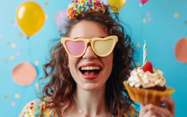 Happy woman wearing novelty glasses holding cupcake Birthday Celebration