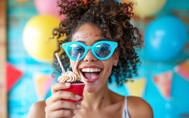 Happy woman wearing novelty glasses holding cupcake Birthday Celebration