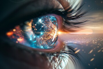 Human Cyborg AI Eye illustration. Eye eye care optic nerve lens lens cortex color vision. Visionary iris lasik retreatment sight trochlear nerve eyelashes