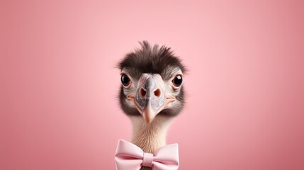 Ostrich bird wearing bow tie isolated on pink pastel background. Birthday party. greeting card. presentation. advertisement. invitation. copy text space.