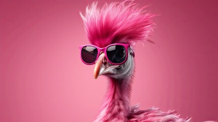 Pink punk rock flamingo bird in sunglass isolated on solid pastel background. Birthday party. greeting card. presentation. advertisement. invitation. copy text space. - obrazy, fototapety, plakaty