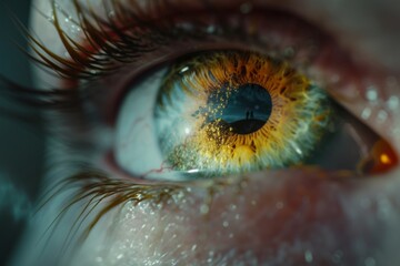 Human Cyborg AI Eye focus. Eye color perception mechanisms optic nerve lens retinal surgery color vision. Visionary iris optic nerve sight blue eyelashes