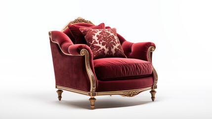 A luxurious red vintage sofa with ornate wood details on a white background
