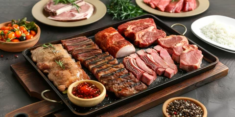 Foto op Plexiglas a tray of meat with ingredients on a wooden board with plates, generative AI © VALUEINVESTOR