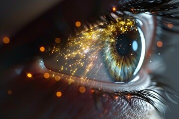 Human Cyborg AI Eye perspective. Eye looking optic nerve lens uveitis color vision. Visionary iris defective color vision sight eyelid lesions eyelashes - obrazy, fototapety, plakaty
