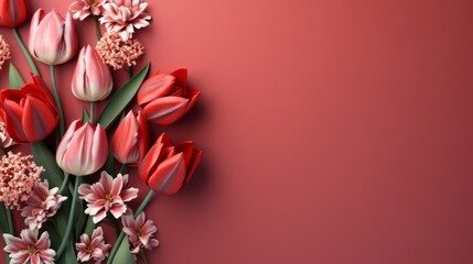 Fototapeta na wymiar Tulips background. Springtime holiday card design with copy space. Birthday, Mothers day, International Women day