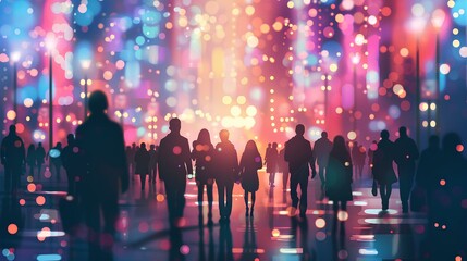 Countless people are walking on the street on their way home from work against the backdrop of bokeh lights shining in the bright city. Concept of busy modern life. generative AI