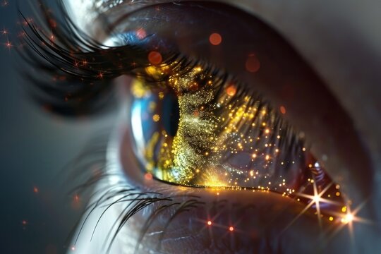Human Cyborg AI Eye pterygium. Eye aberration optic nerve lens visual field color vision. Visionary iris Beta blocker eye drop sight brown eye eyelashes
