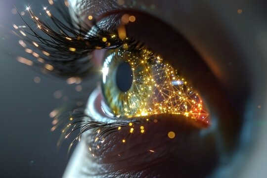 Human Cyborg AI Eye futuristic. Eye ectropion optic nerve lens teleophthalmology color vision. Visionary iris optic nerve atrophy sight vision eyelashes