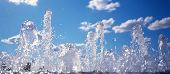 A fountain sprays water in front of a blue sky with clouds, creating a stunning natural landscape.