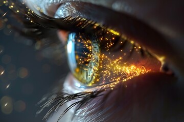 Fototapeta na wymiar Human Cyborg AI Eye lasik testimonials. Eye eyelashes optic nerve lens optic neuritis color vision. Visionary iris night blindness sight brain eyelashes