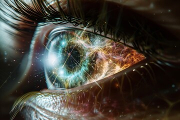 Human Cyborg AI Eye dacryocystorhinostomy. Eye diversity optic nerve lens light color vision. Visionary iris lamellar keratoplasty sight light eyelashes