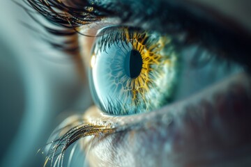 Human Cyborg AI Eye eye surgery. Eye tonic pupil optic nerve lens lasik follow up color vision. Visionary iris iris repair sight illustration eyelashes - obrazy, fototapety, plakaty