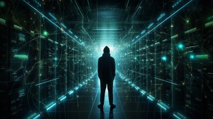Fototapeta na wymiar Silhouette of a male hacker in a server room. Neural network AI generated art