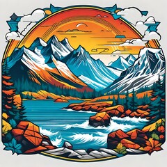 vector style drawing of the Canadian Rockies mountains landscape in the summer time suitable for a sticker or t-shirt design
