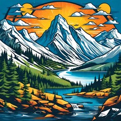 vector style drawing of the Canadian Rockies mountains landscape in the summer time suitable for a sticker or t-shirt design