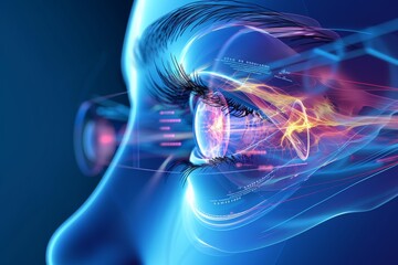 Human Cyborg AI Eye vision quest. Eye pioneering optic nerve lens visual impairment color vision. Visionary iris corneal curvature sight prk eyelashes