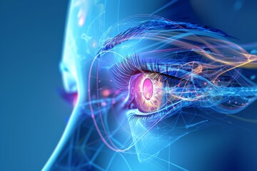 Human Cyborg AI Eye lasik. Eye amblyopia optic nerve lens optic nerve anomalies color vision. Visionary iris glass sight optical engineering eyelashes