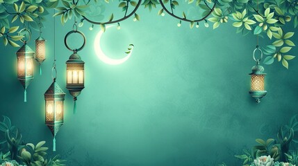 Radiant Ramadan: Crescent and Lanterns Illuminating Ramadan Kareem Greeting, Generated by Generative AI