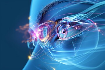 Human Cyborg AI Eye optic nerve head. Eye lower eyelid blepharoplasty optic nerve lens iritis color vision. Visionary iris erg sight eclipse eyelashes - obrazy, fototapety, plakaty
