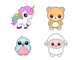 Set of cute animals cartoon character on kawaii vector. bear, unicorn, bird, sheep illustration