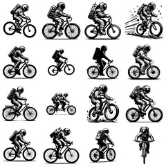 Naklejka premium Astronaut on Bicycle Set on Transparent Background PNG, Diverse Cycling Poses with Space Theme